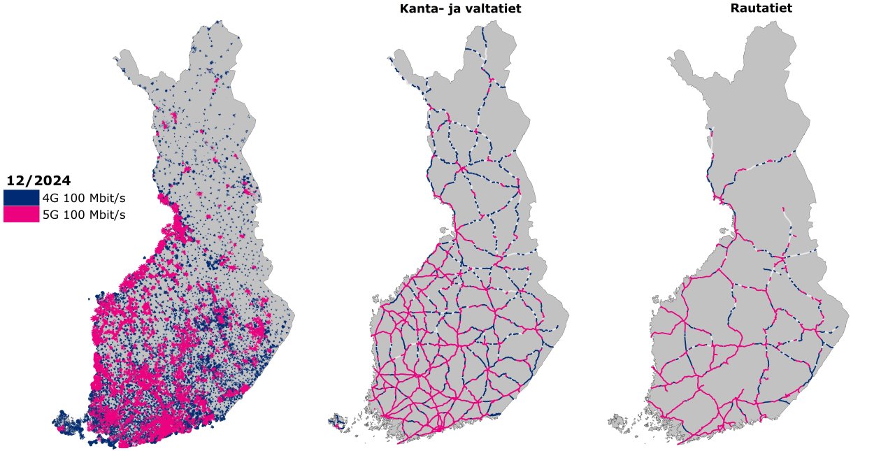 Kartalla näet 4G ja 5G 100M latausnopeuden kattavuusalueet sekä kattavuudet kanta- ja valtateillä sekä rautateillä.