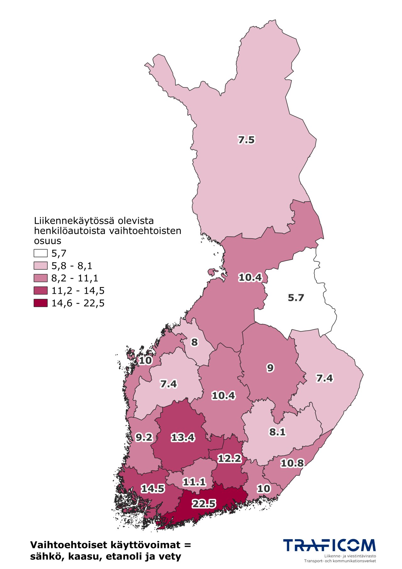 Käyttövoimaltaan vaihtoehtoisten henkilöautojen jakautuminen maakunnittain, karttakuva