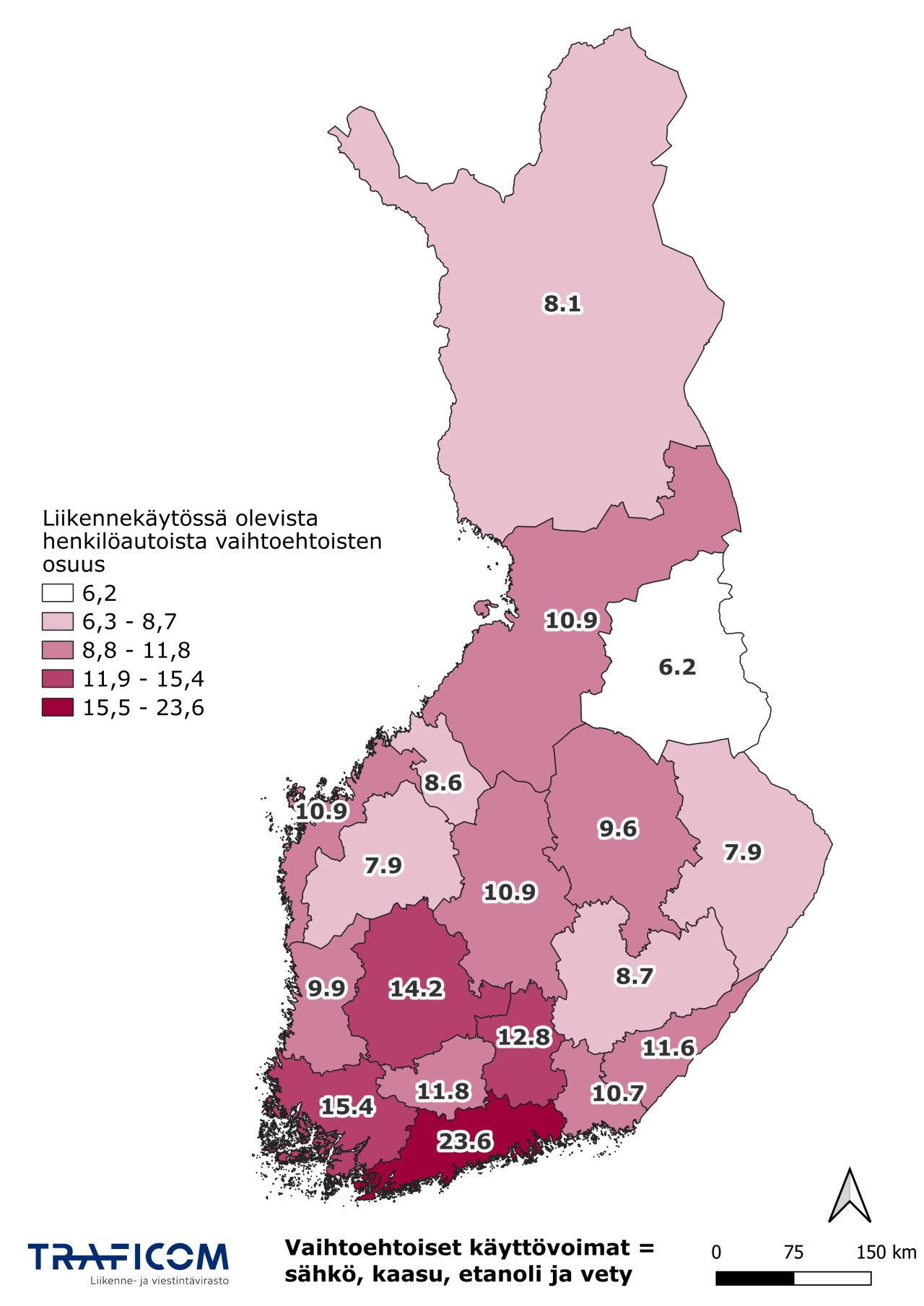 Käyttövoimaltaan vaihtoehtoisten henkilöautojen osuus maakunnittain,