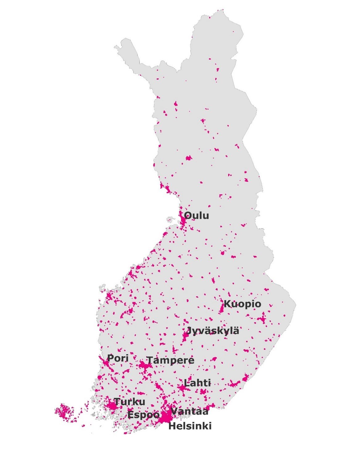 Suomen kartalla katuverkko näkyy pistemäisinä alueina ympäri maata. Pohjois-Suomessa katuverkkoa on selvästi harvemmassa kuin muualla Suomessa. Suuret kaupungit erottuvat kartalla muista alueista.