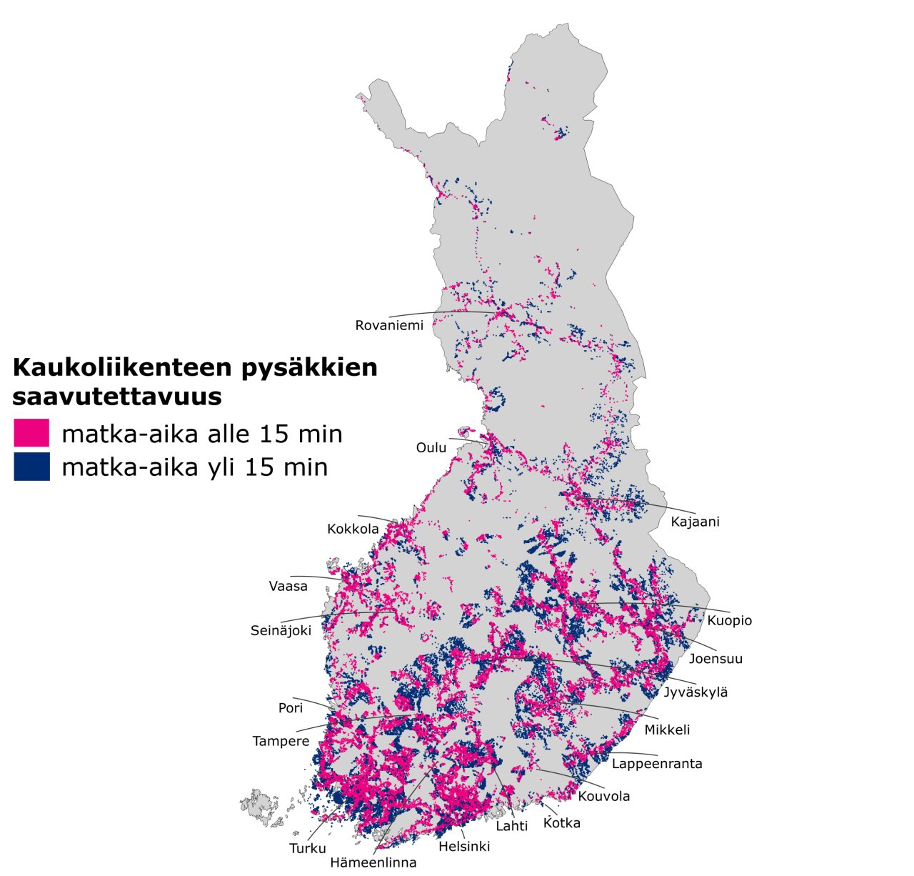 Kuvassa Suomen kartalla esitetty kaukoliikenteen pysäkit, joilla pysähtyy yli kaksi vuoroa vuorokaudessa