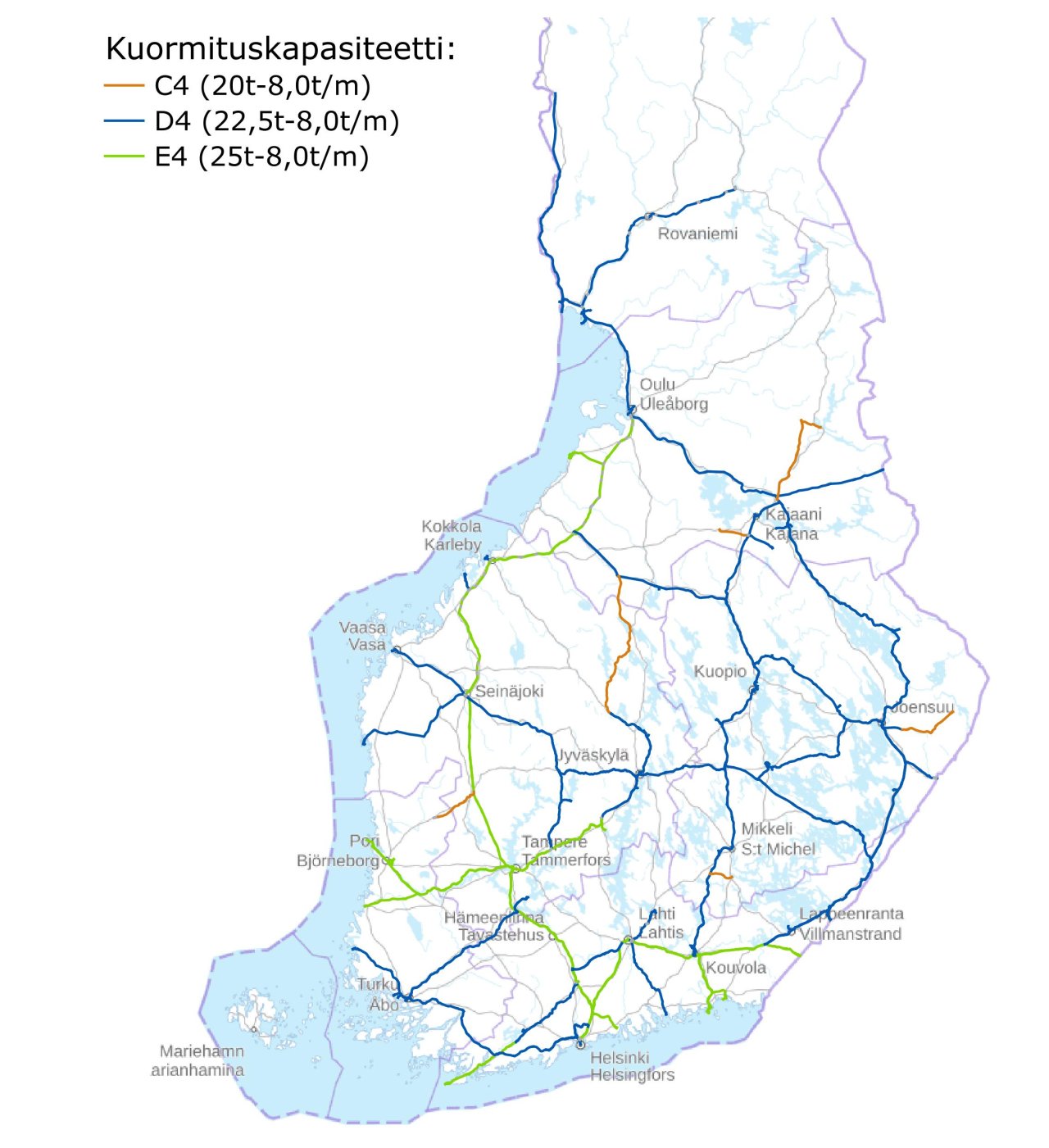 Suomen kartassa Suomen tieverkon kuormituskapasiteetti
