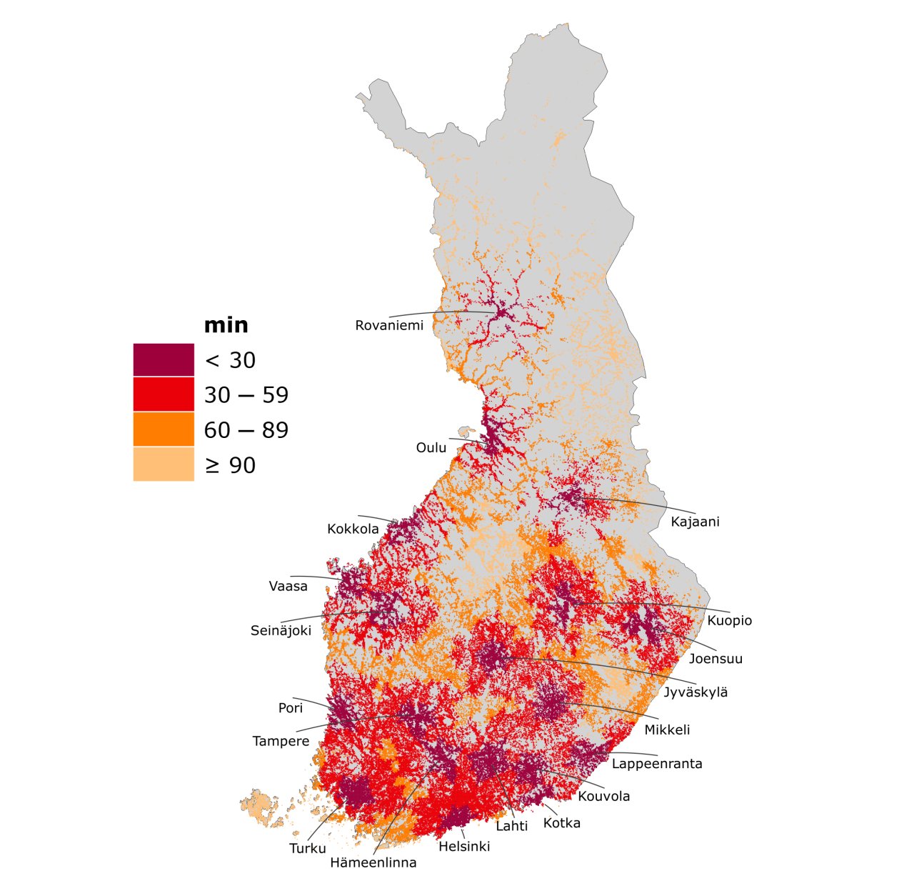 Kuvassa Suomen kartalla alueet, joilla matka-aika maakuntakeskuksiin henkilöautolla on alle 30 min, 30-59 min, 60-89 min ja yli 90 min.
