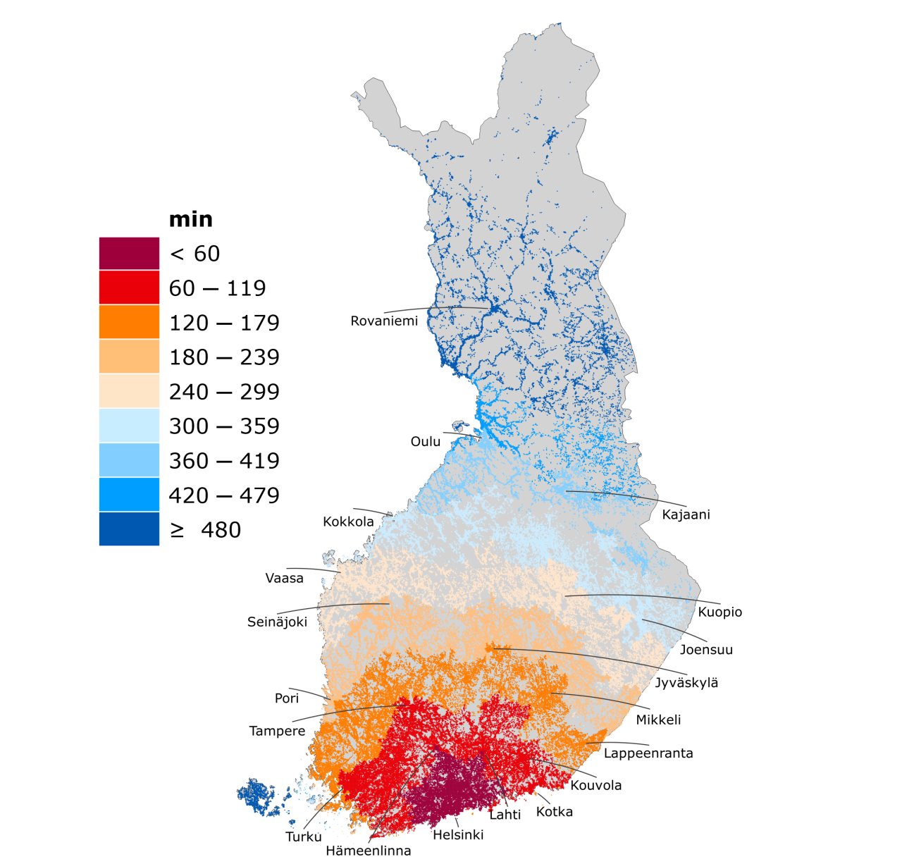 Kuvassa Suomen kartalla matka-aika (min) Helsinki-Vantaan lentoasemalle henkilöautolla.