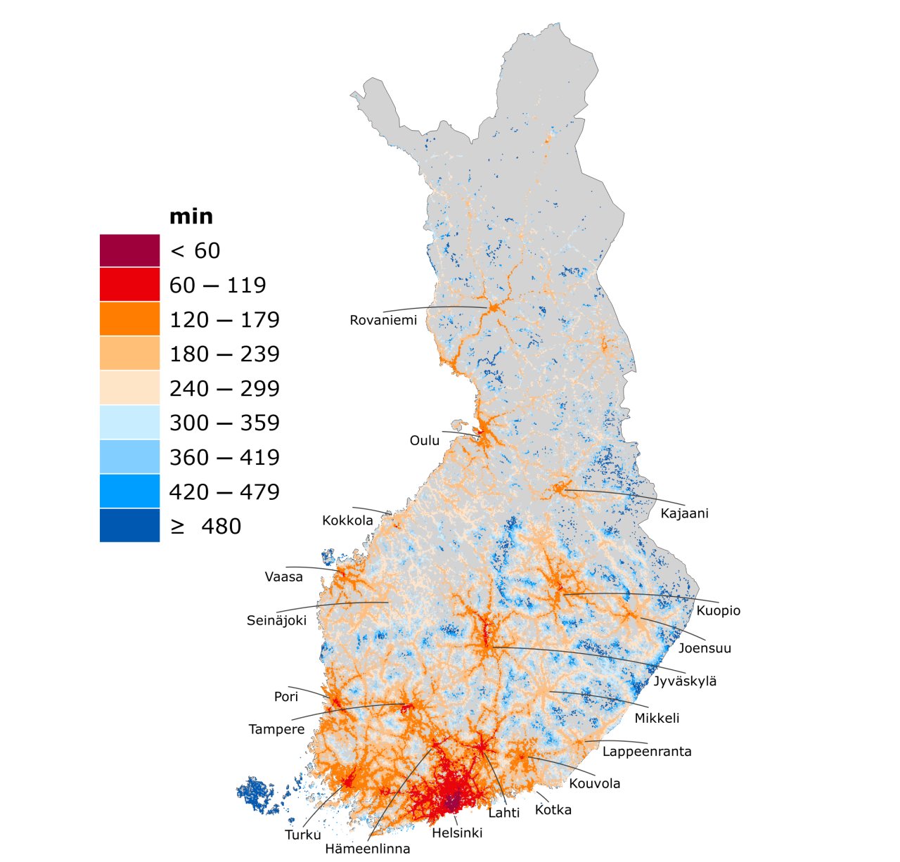 Suomen kartalla matka-aika minuuteissa Helsinki-Vantaan lentoasemalle joukkoliikenteellä, mukaan lukien lentoliikenne