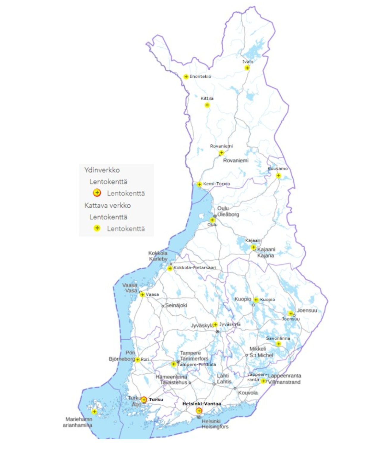 Kuvassa ydin- ja kattavan verkon lentoasemat