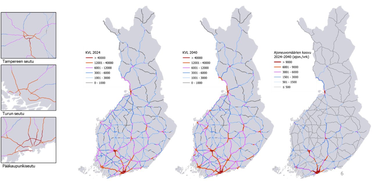 Kuvassa Suomen kartassa eriteltynä liikenteen määrä ja sen ennuste Tampereen seudulla, Turun seudulla ja pääkaupunkiseudulla (KVL 2024)