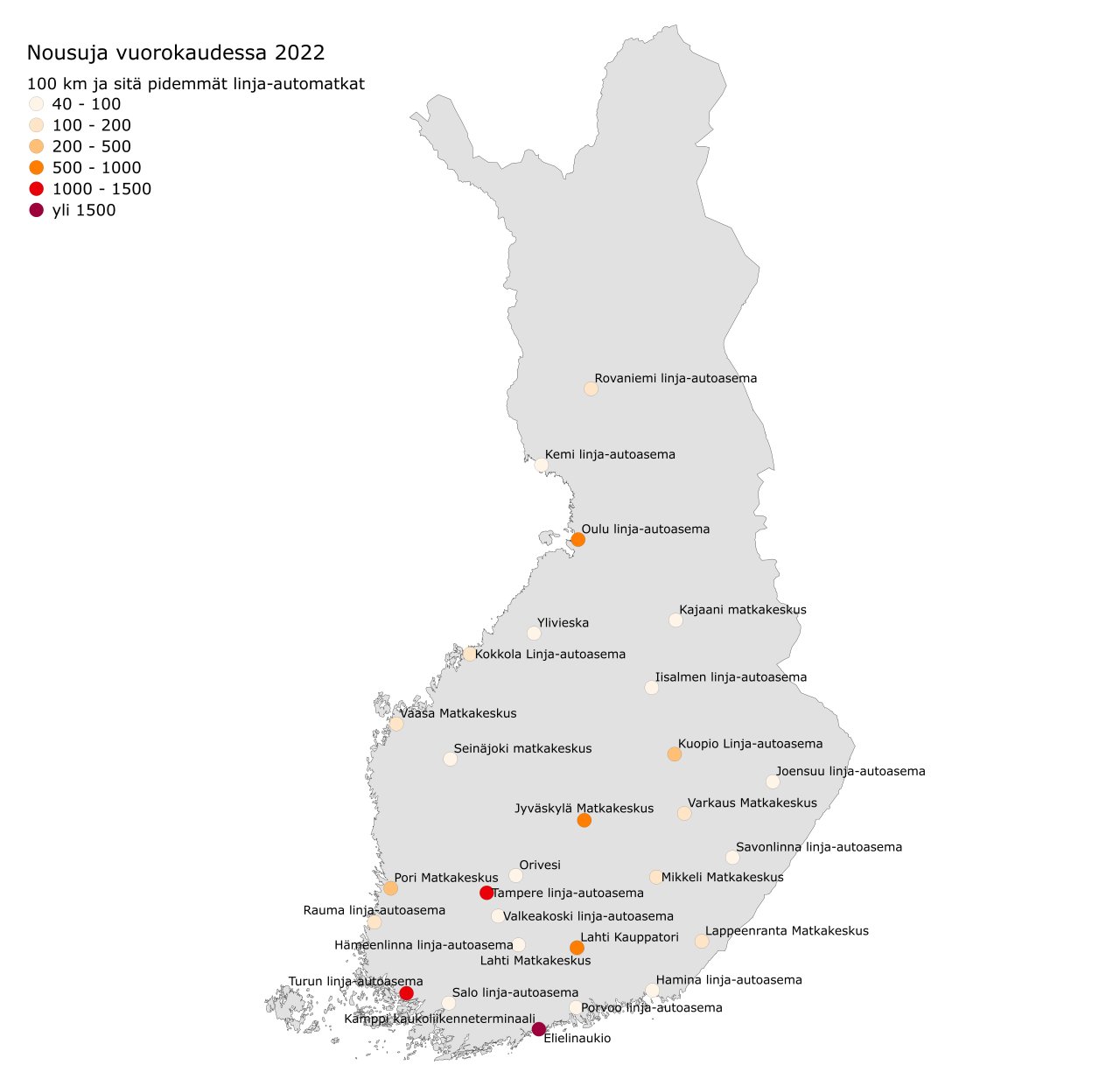 Kuva: Tärkeimmät pitkämaisen linja-autoliikenteen solmukaupungit vuoden 2022 linjastolla