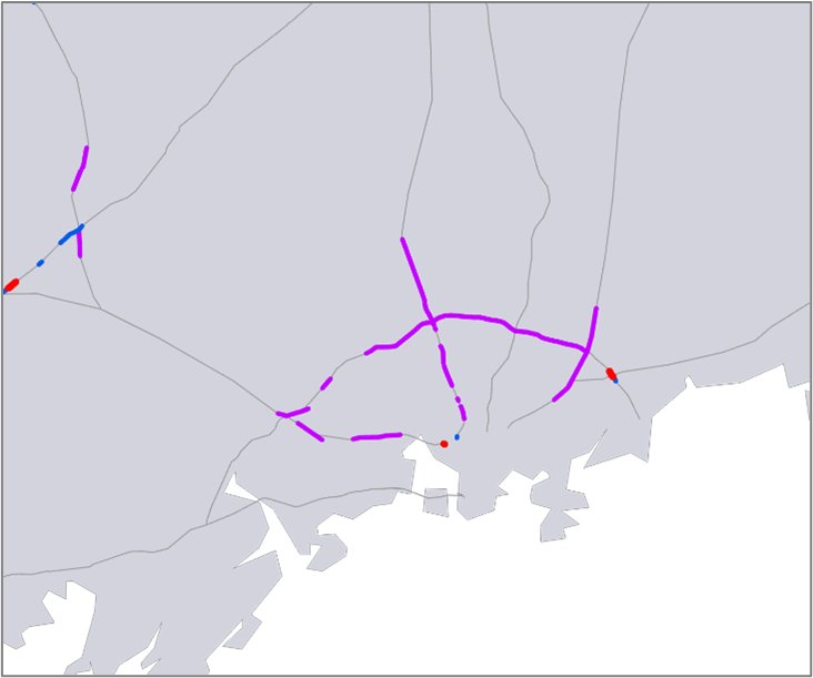 Pääväylien palvelutasopuutteet vuonna 2040 pääkaupunkiseudun alueella.