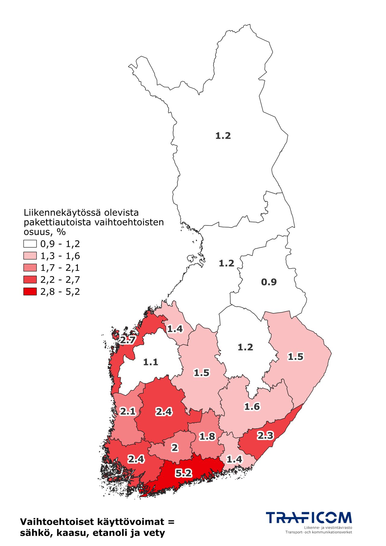 Käyttövoimaltaan vaihtoehtoisten pakettiautojen maakunnalliset osuudet, karttakuva