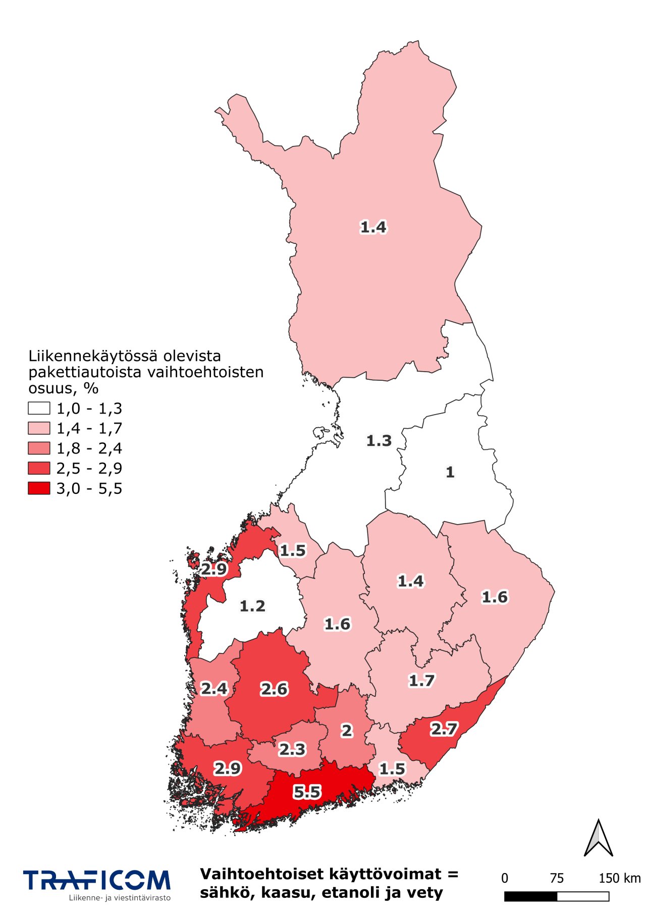 Käyttövoimaltaan vaihtoehtoisten pakettiautojen osuus maakunnittain.