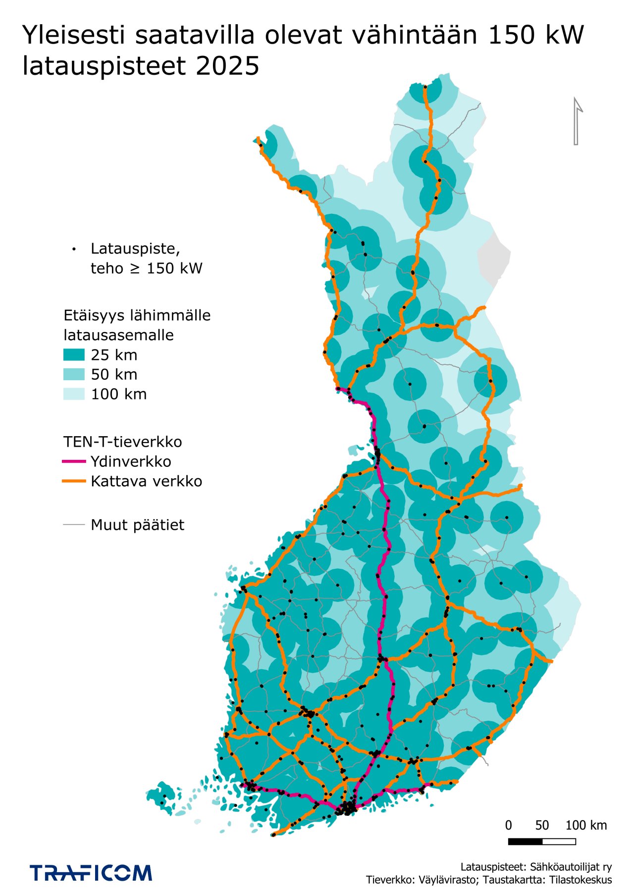 Yleisesti saatavilla olevat, vähintään 150 kW:n tehoiset latauspisteet vuoden 2025 lopussa