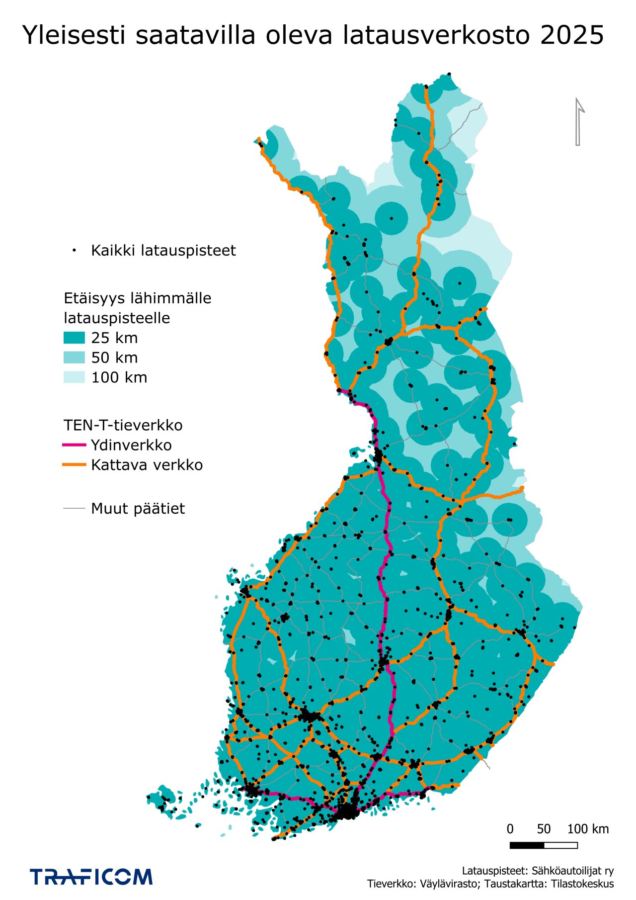 Kaikki yleisesti saatavilla olevat latauspisteet vuoden 2025 lopussa