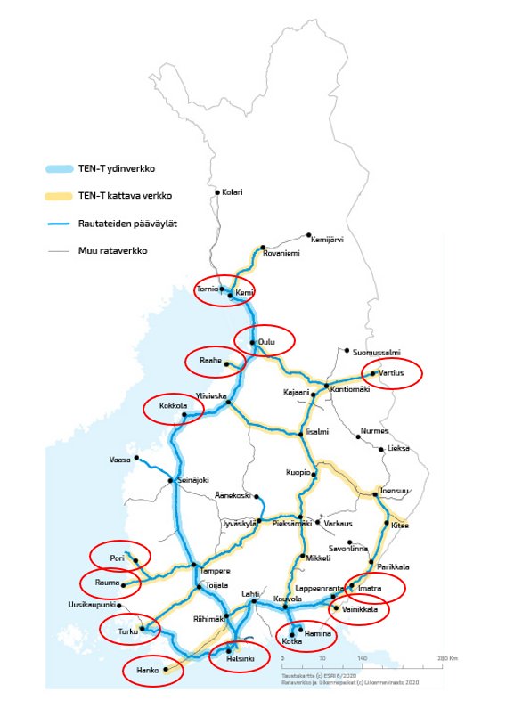 Kuvassa on rajanylityspaikkoja ja keskeisiä kansainvälisiä solmukohtia.
