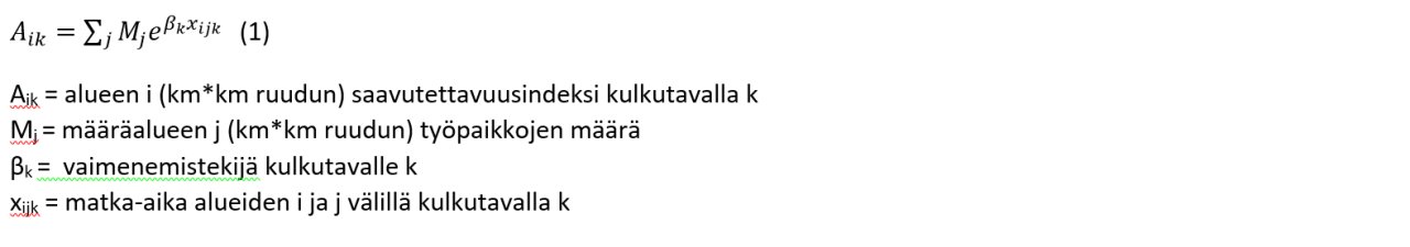 Kuvassa esitetty saavutettavuuden laskennassa käytetty matemaattinen kaava.