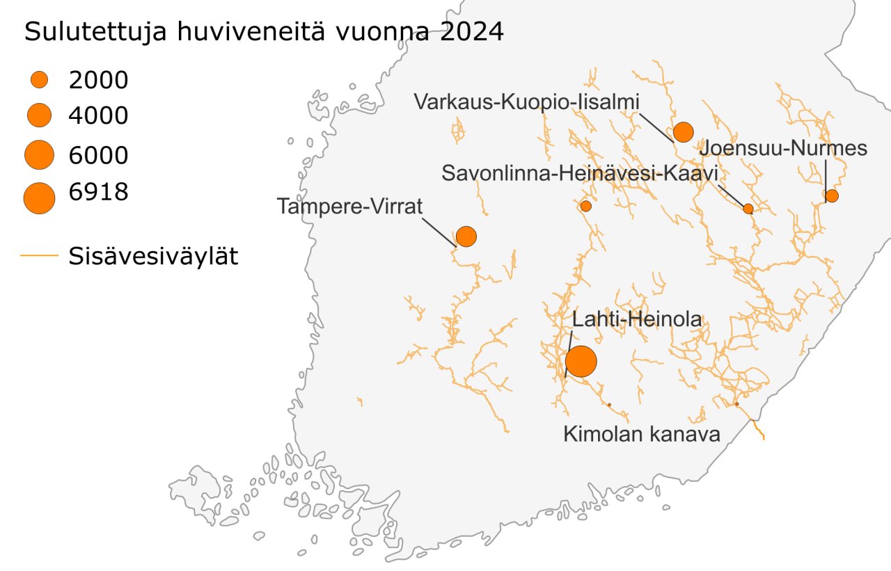 Suomen kartalla huviveneiden sulutusten määrät sisävesiverkoston kanavissa vuonna 2024