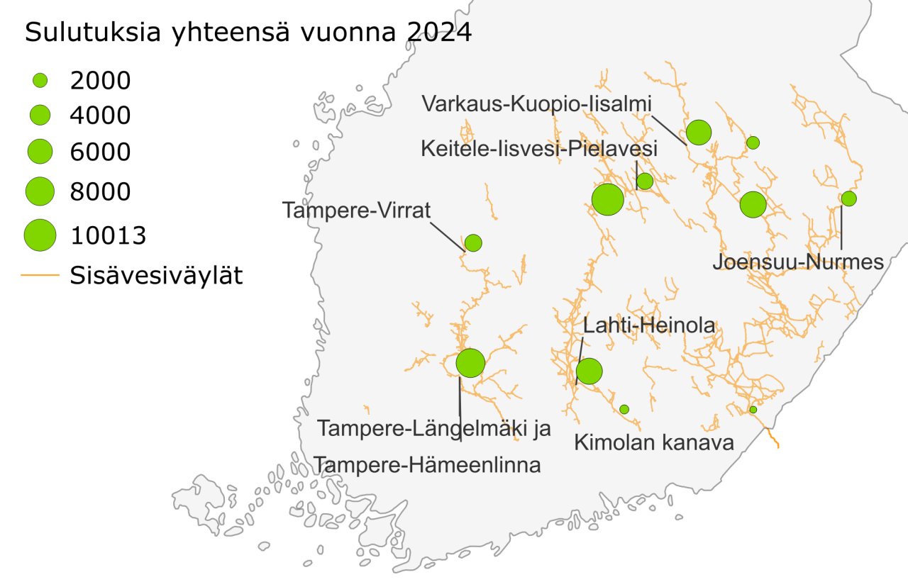 Suomen kartalla sulutusten kokonaismäärät sisävesiverkoston kanavissa vuonna 2024