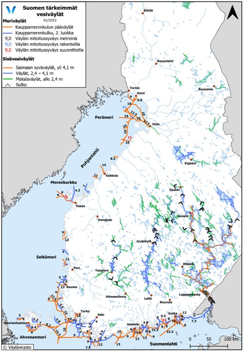Suomen kartalla tärkeimmät vesiväylät