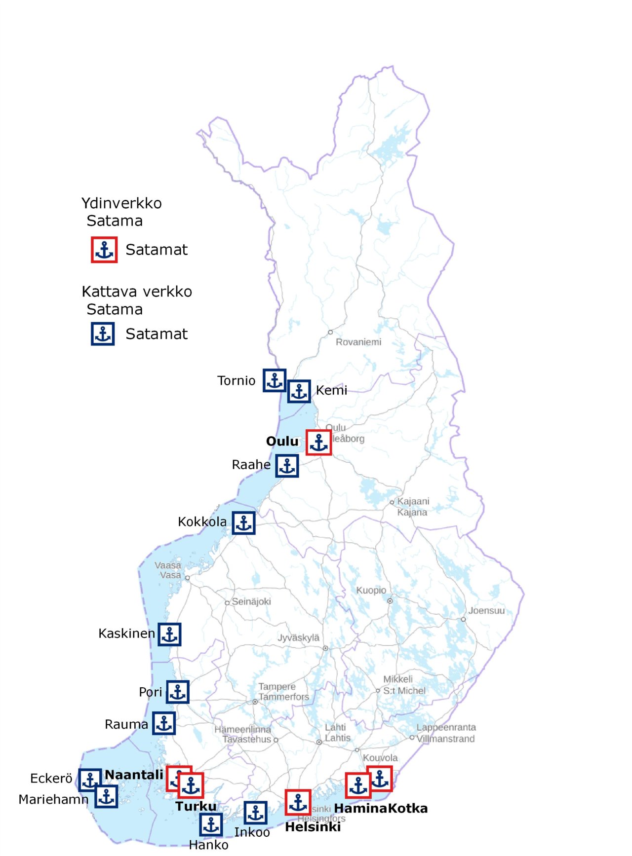 Suomen kartalla o nesitetty TEN-T-verkon merisatamat