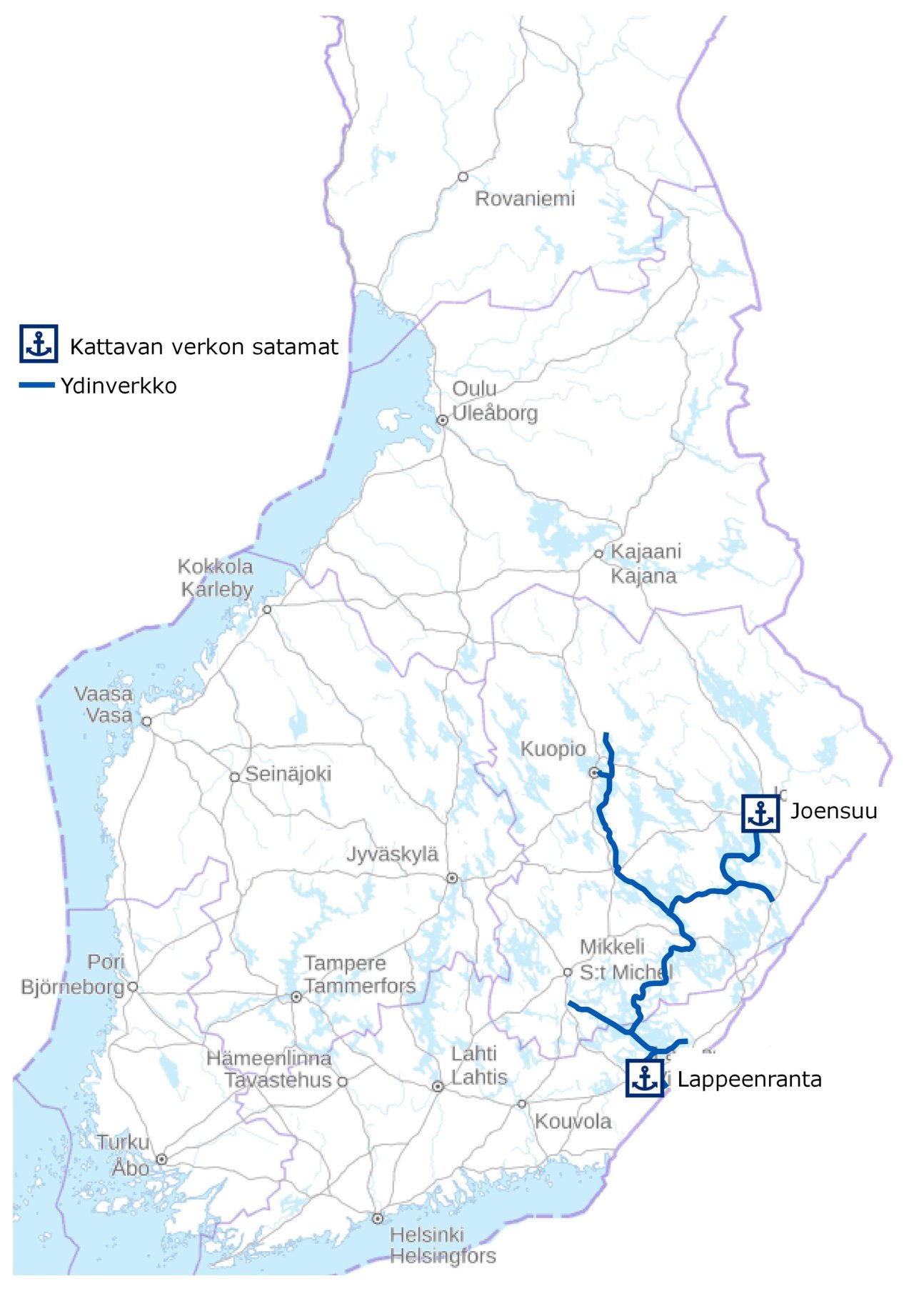 Suomen kartalla on esitetty TEN-T-verkon sisävesisatamat ja -väylät