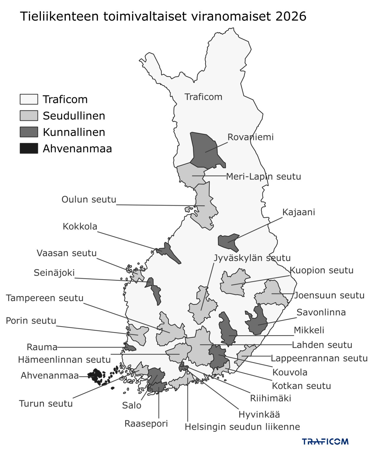 Kartta, jossa näkyvät tieliikenteen toimivaltaiset viranomaiset vuoden 2026 alusta.