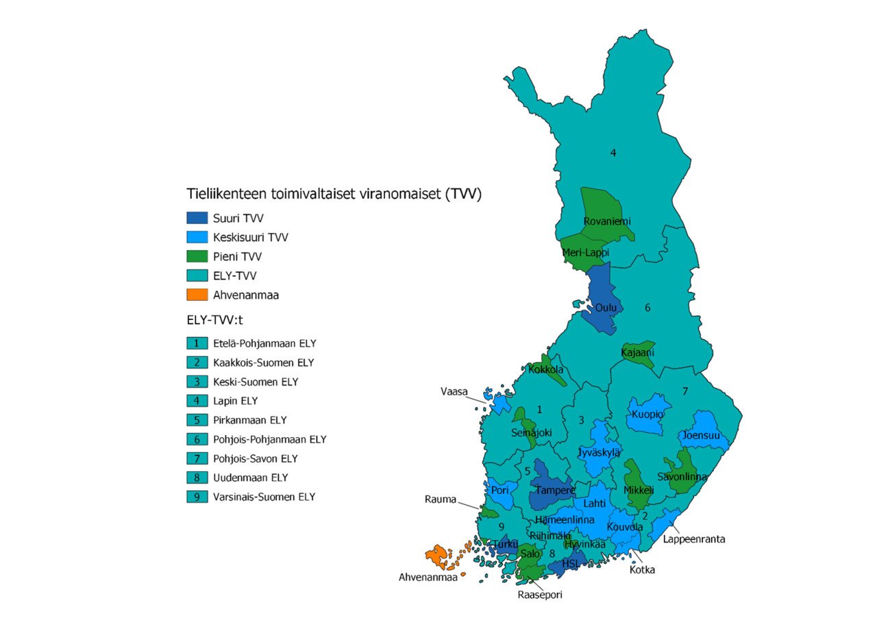 Tieliikenteen toimivaltaiset viranomaiset 2025 kartalla.