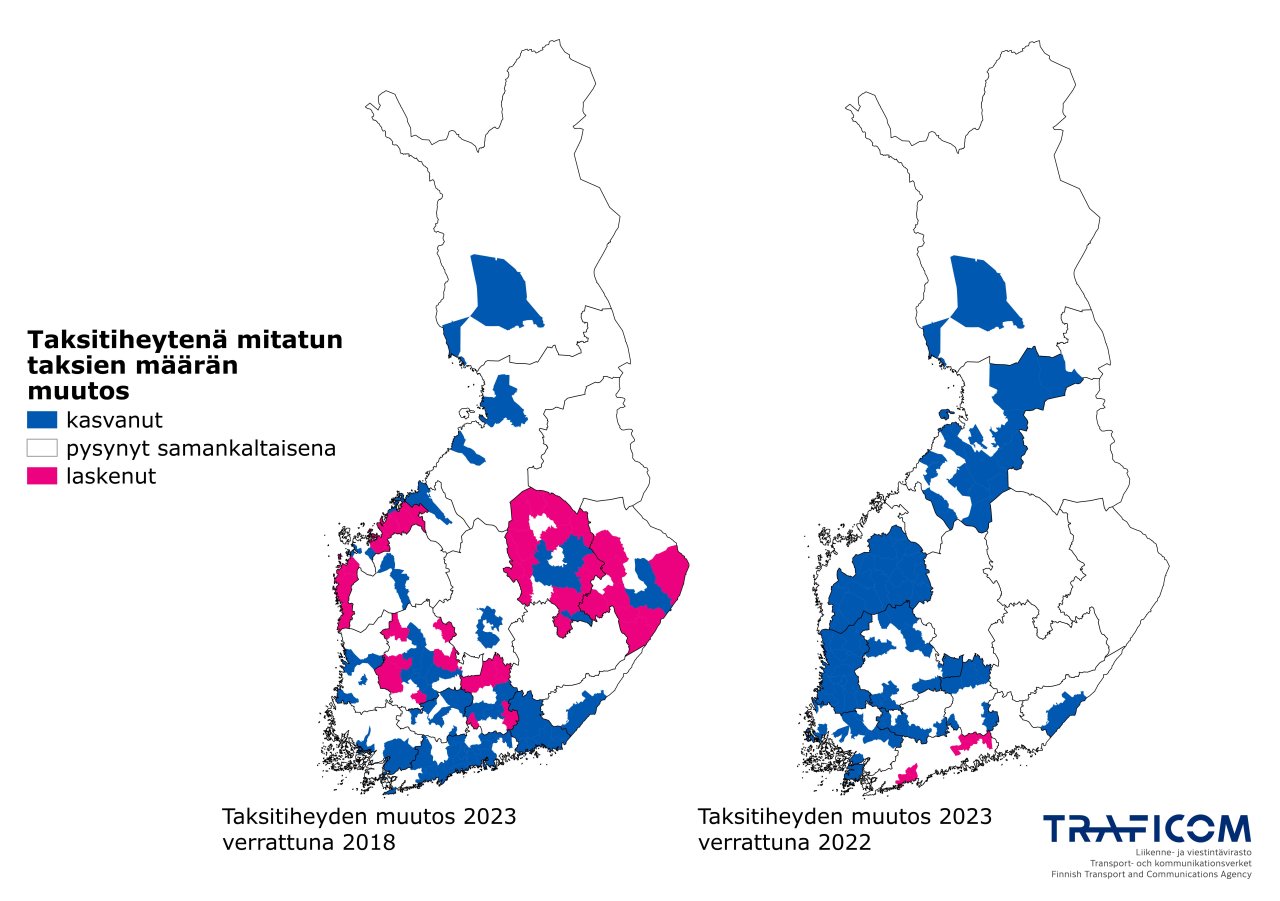 Suomen kartalla esitetty taksitiheytenä mitatun taksien määrän muutos. Vasemmalla 2023 verrattuna 2018. Oikealla 2022 verrattuna 2023.