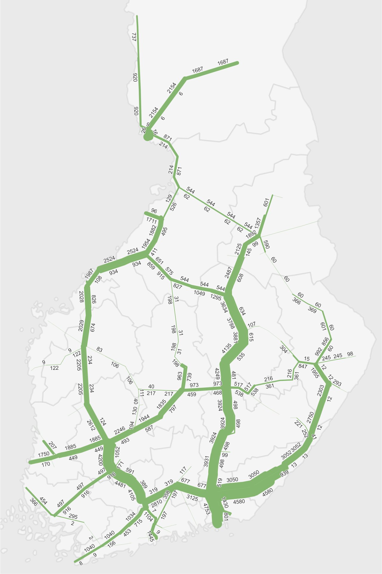 Suomen kartalla kuvattu tavaraliikenteen valtakunnallinen ennuste vuodelle 2050 eri kaupunkien välillä.