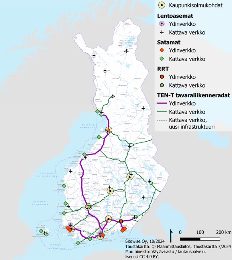 Suomen kartalla esitetty ydin- ja kattavan verkon yhteydet sekä puutteet näillä verkoilla.