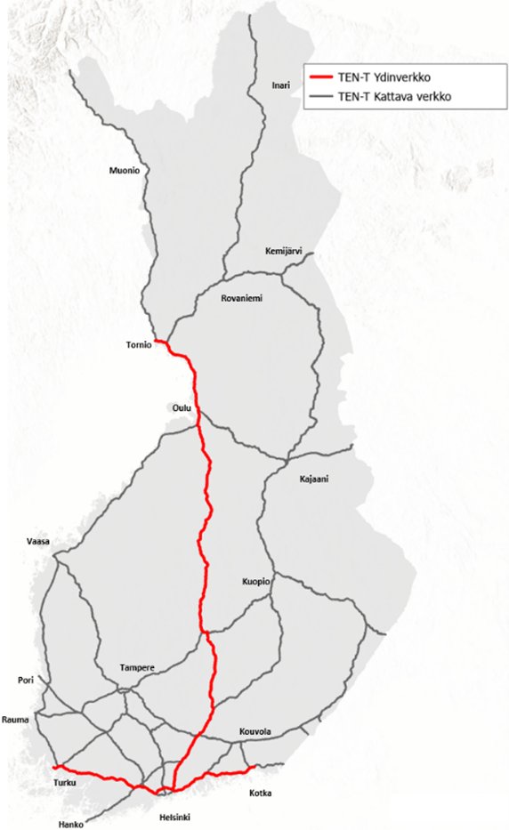 Kuvassa Suomen kartalla ydin ja kattavan verkon maantieyhteydet.
