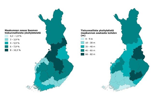 Suomen kartalla esitetty maakunnan osuus Suomen yksityisteistä sekä yksiteiden osuus maakunnassa asukasta kohden.