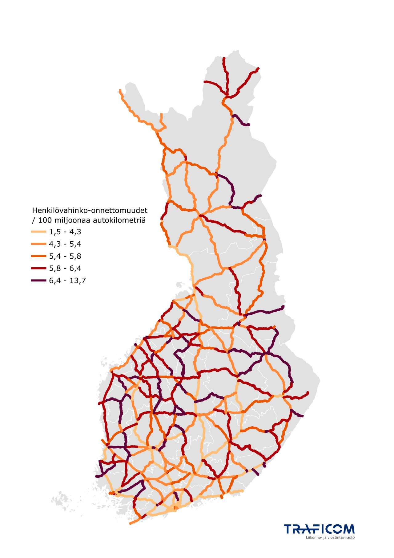 Henkilövahinko-onnettomuuksien aste valta- ja kantateillä. VALA-ohjelman ennuste nykytilasta.