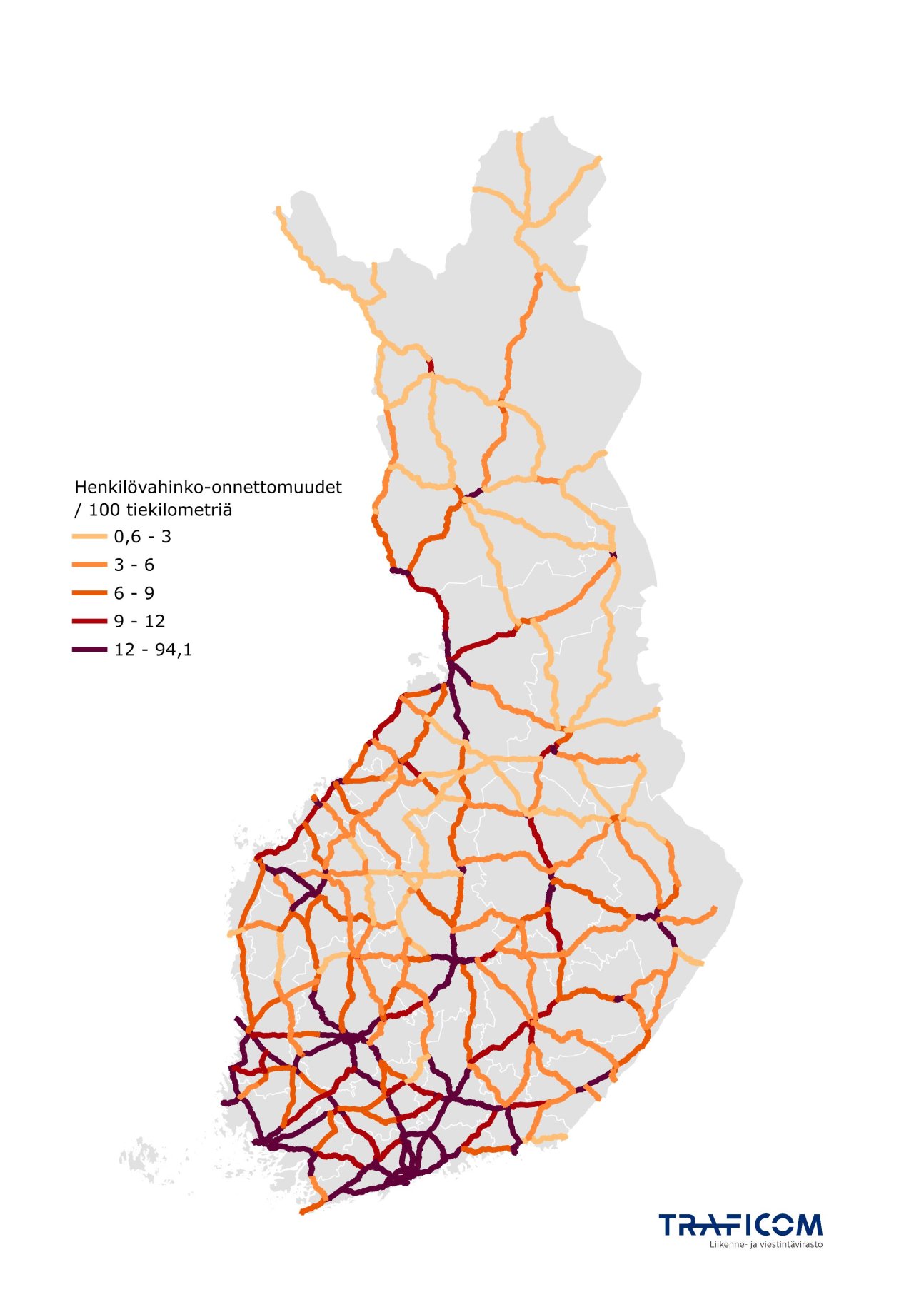 Henkilövahinko-onnettomuuksien tiheys valta- ja kantateillä.