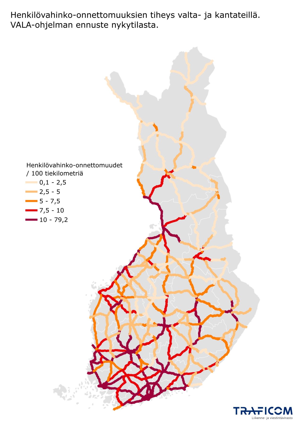 Kartta henkilövahinko-onnettomuuksien määrästä suhteessa tiepituuteen pääteillä