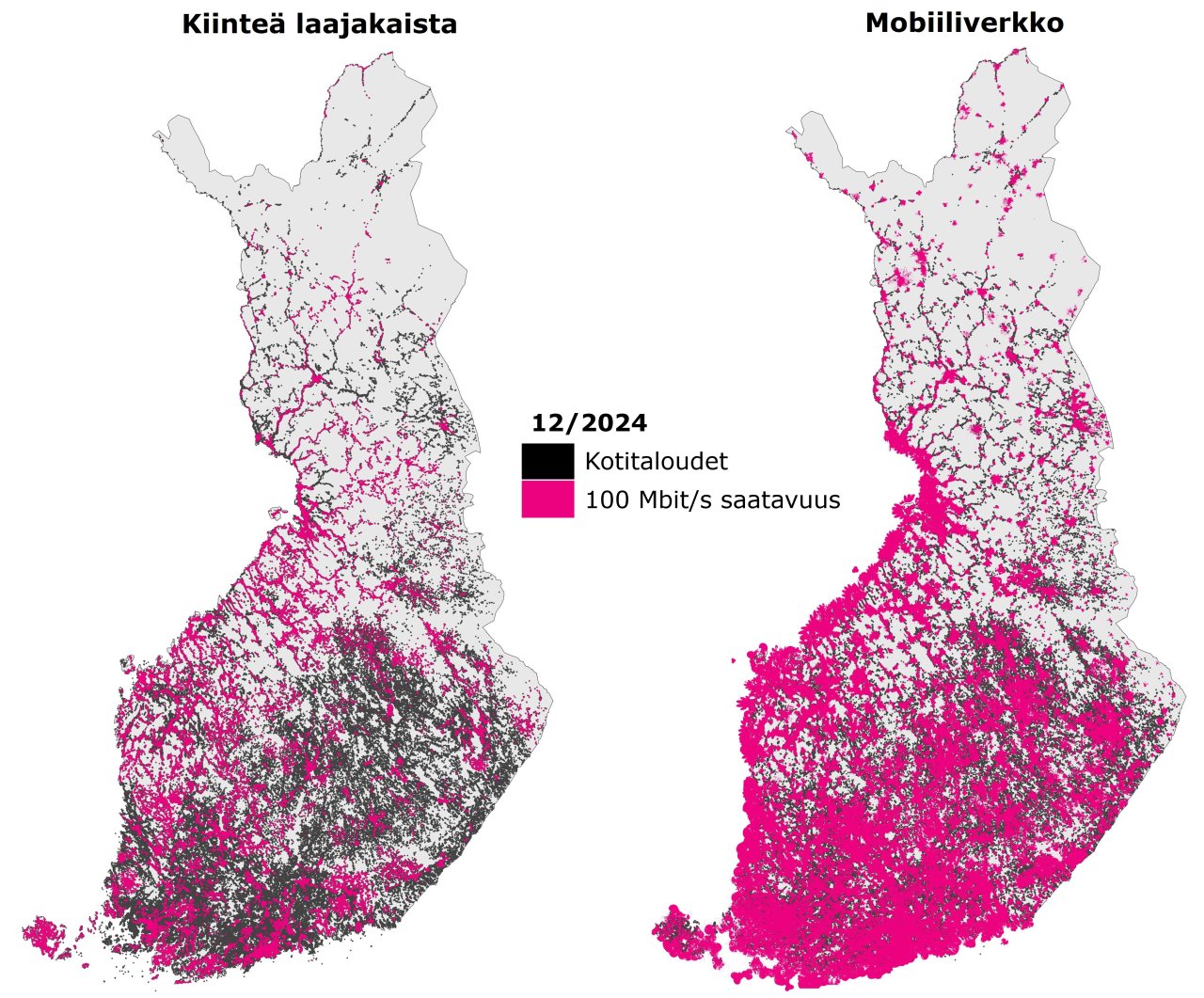 Kartalla esitetään nopean laajakaistan saatavuusalueet sekä kotitaloudet