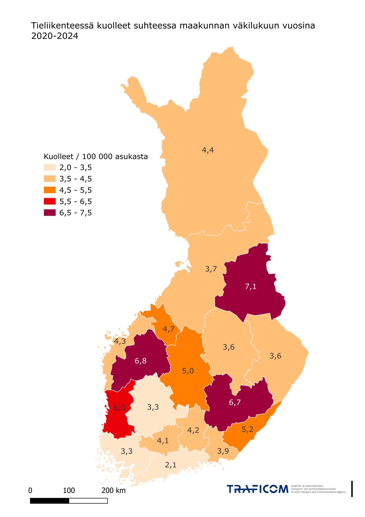 Kartta tieliikenteessä kuolleista suhteessa maakuntien väkilukuun vuosina 2020-2024