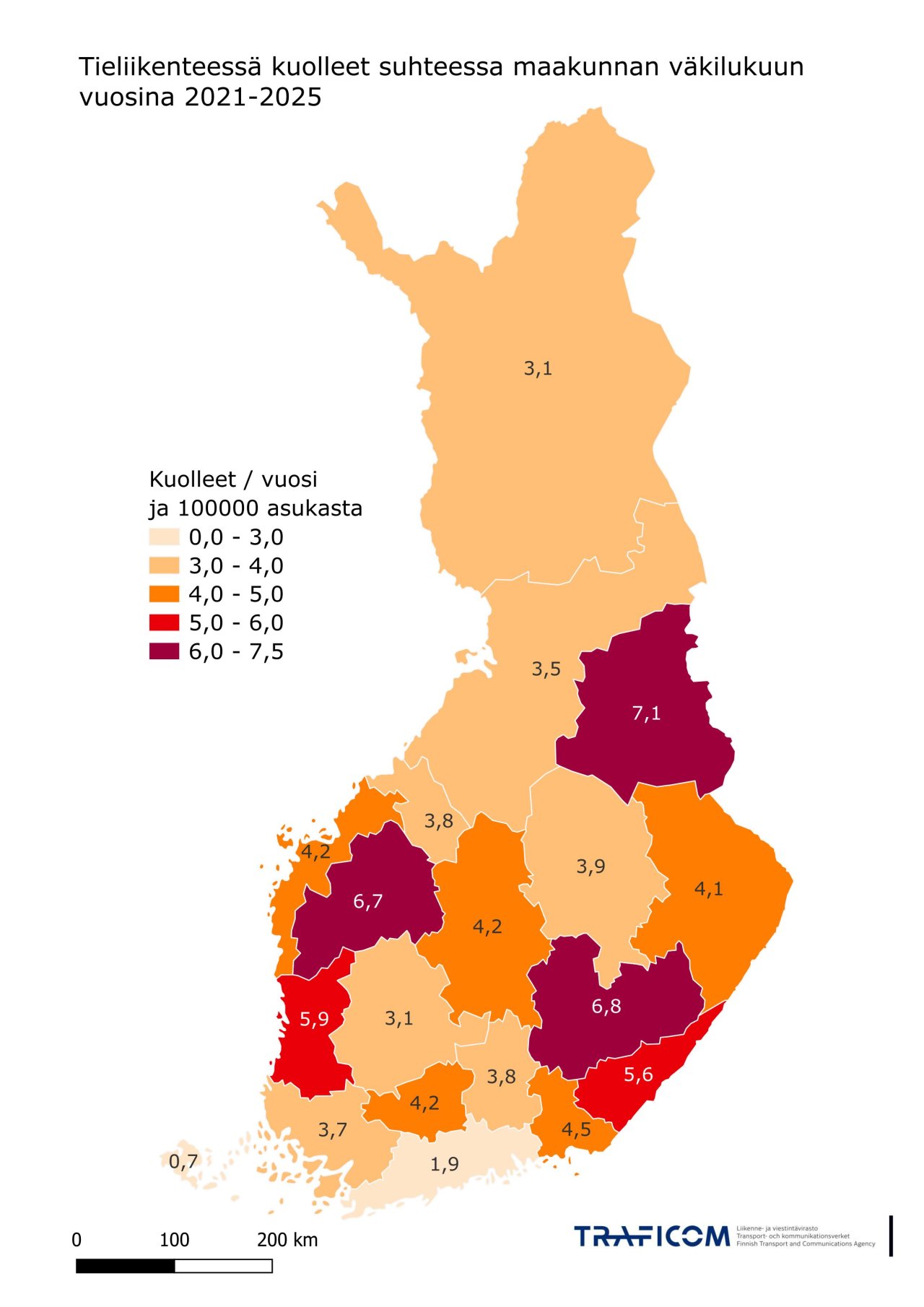 Kartta tieliikenteessä kuolleiden määrästä maakunnittain suhteessa väkilukuun 2021-2025