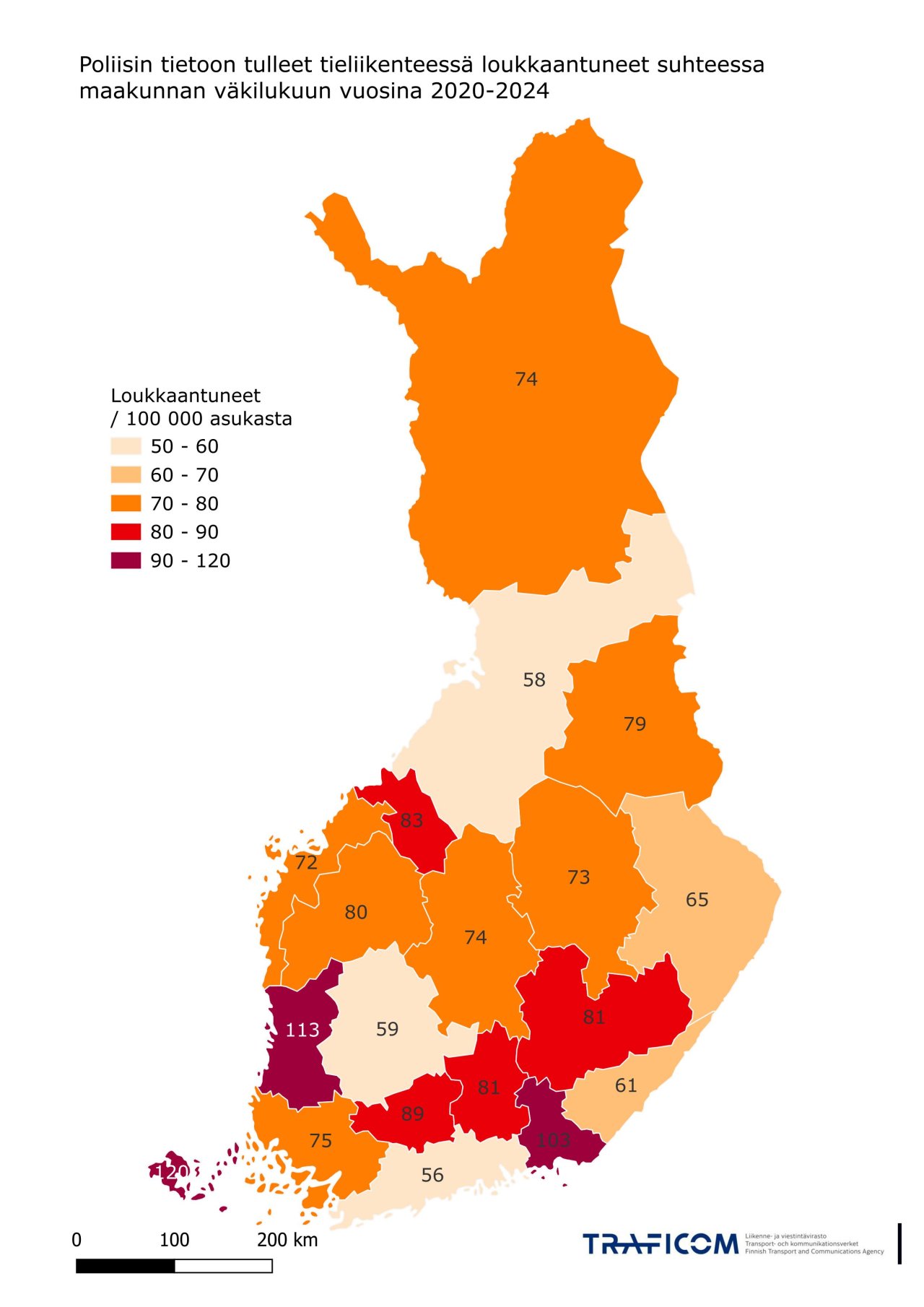 Kartta tieliikenteessä loukkaantuneiden määrästä maakunnittain suhteessa väkilukuun vuosina 2020-2024