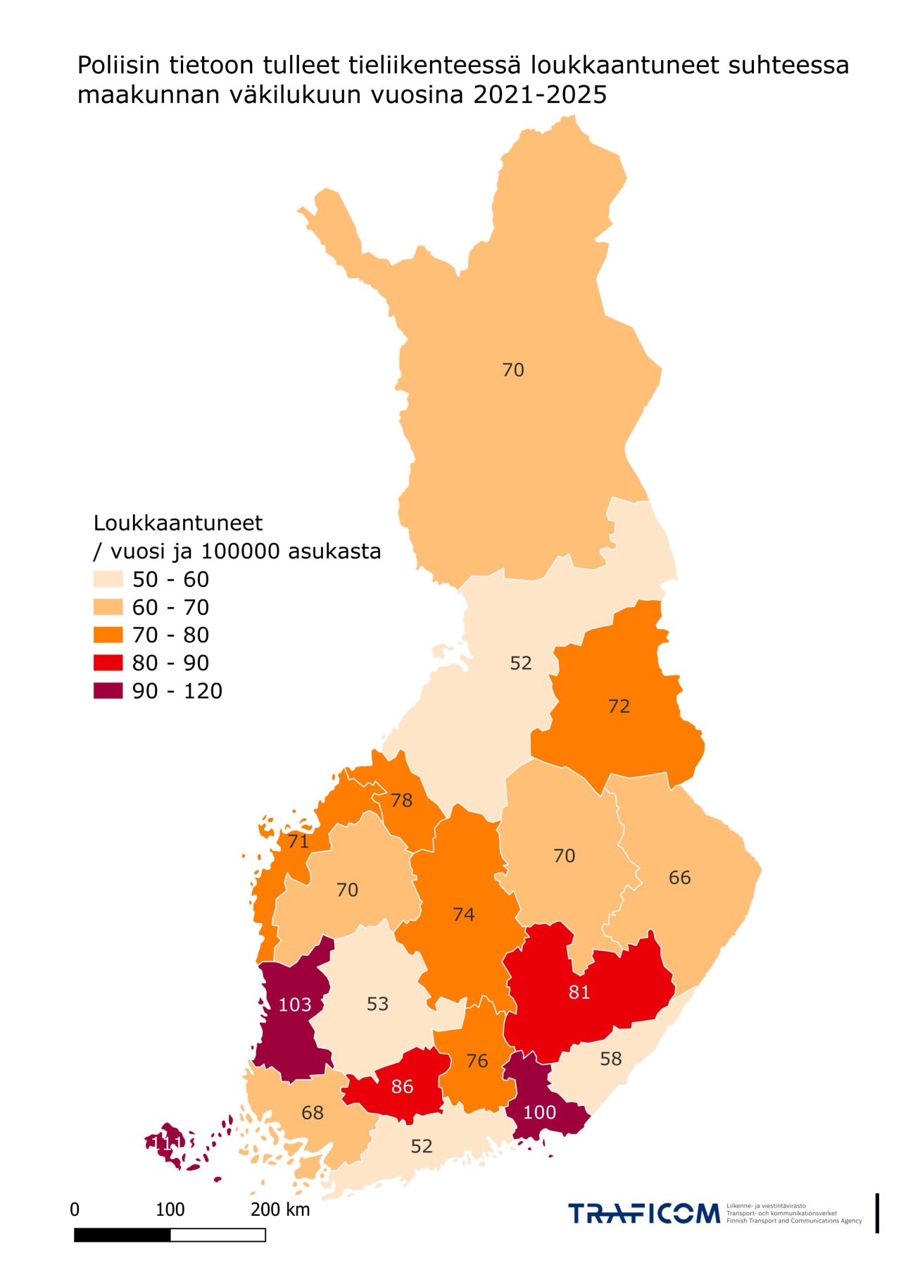 Kartta tieliikenteessä loukkaantuneiden määrästä maakunnittain suhteessa väkilukuun vuosina 2021-2026