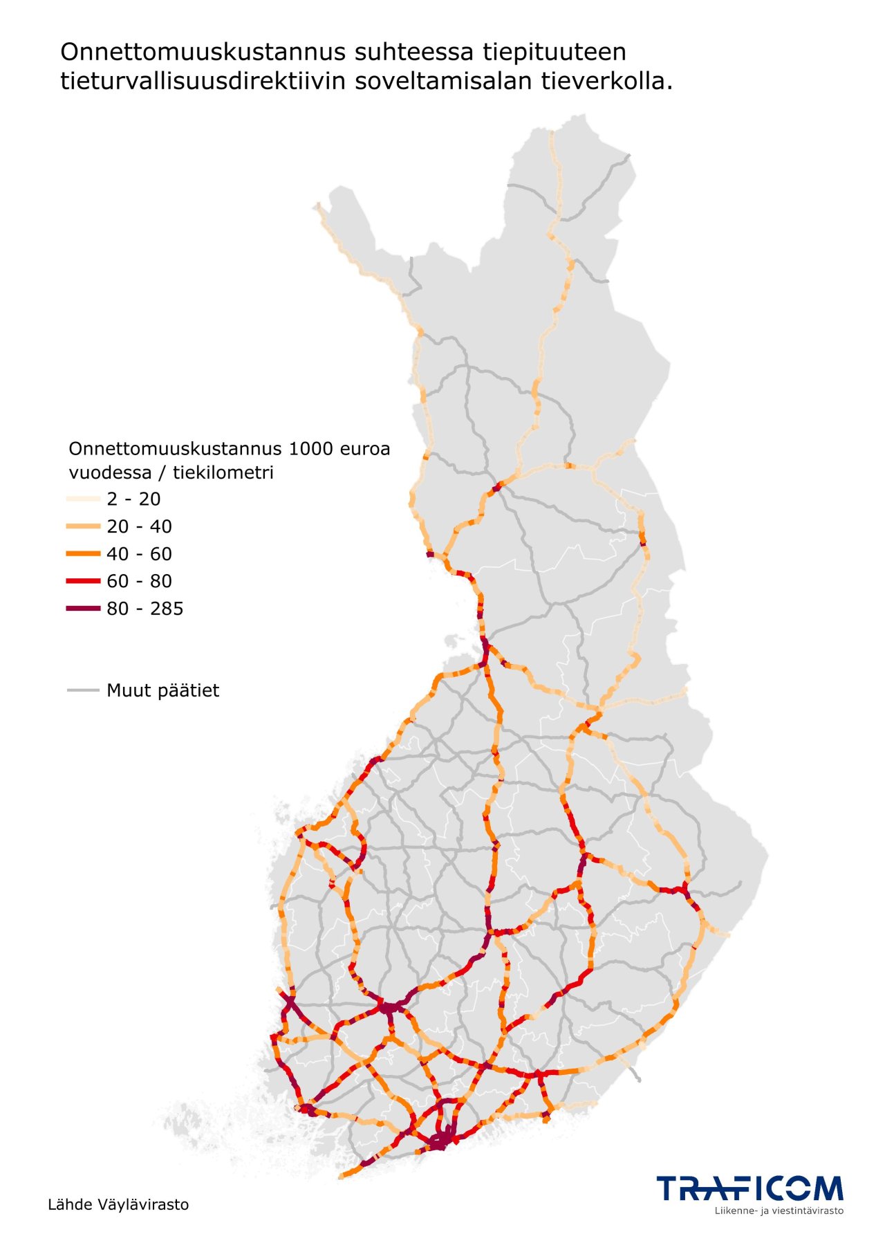 Kartta tieliikenteen onnettomuuskustannuksista suhteessa tiepituuteen tieturvallisuusdirektiivin mukaisella tieverkolla