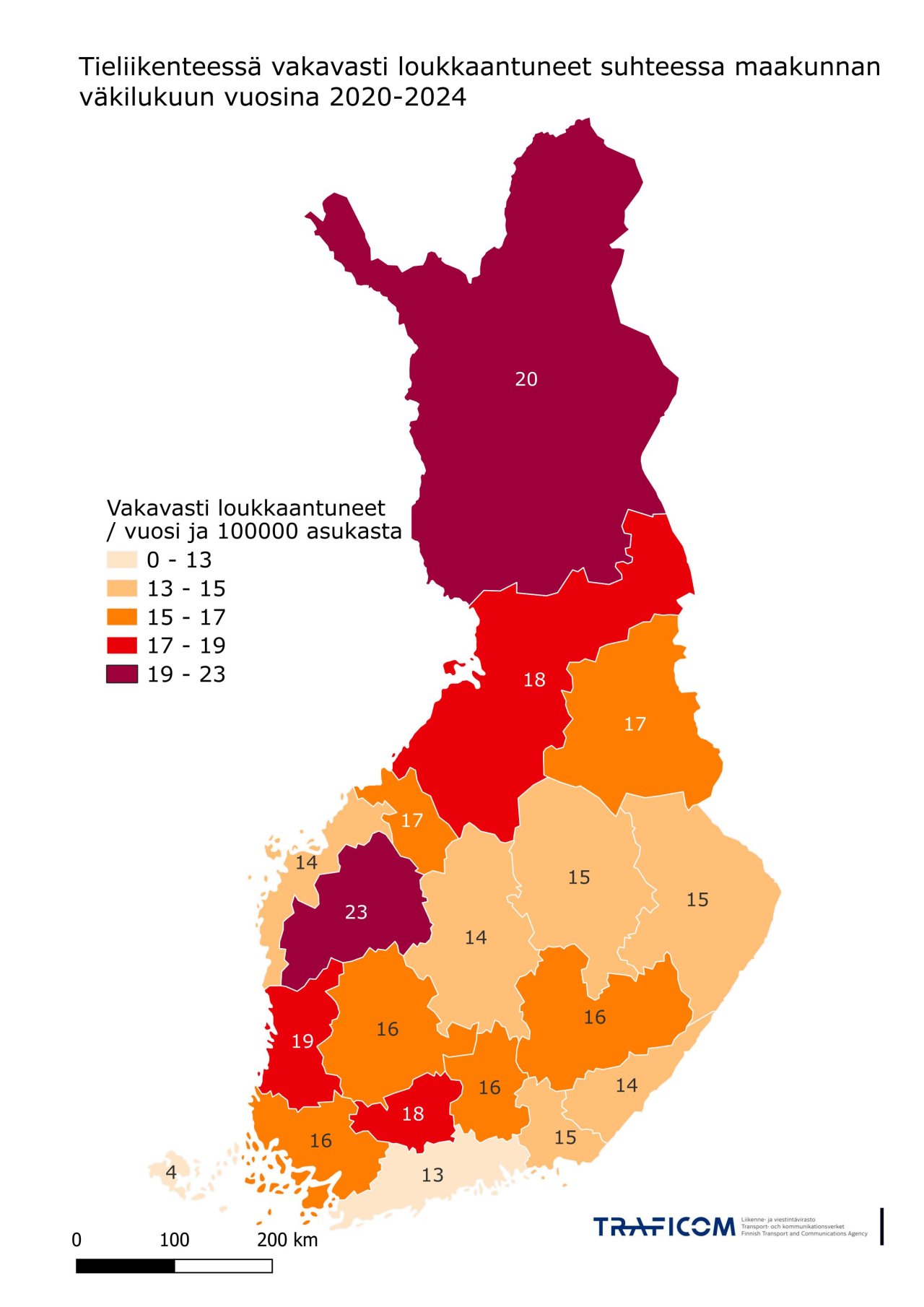Kartta tieliikenteessä vakavasti loukkaantuneiden määrästä suhteessa maakunnan väkilukuun 2020-2024