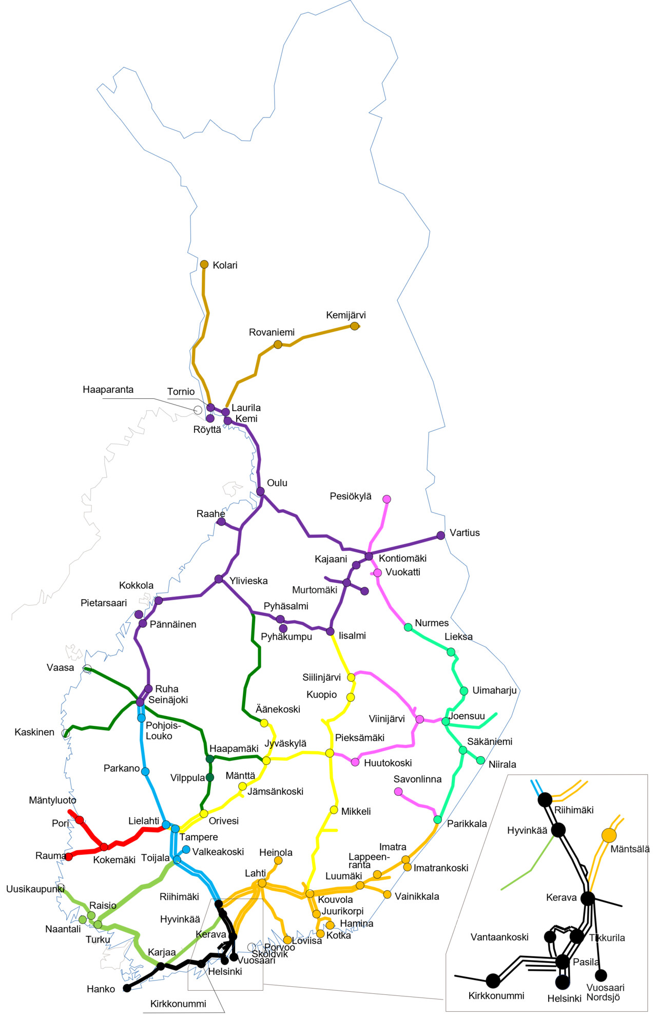 Suomen kartalla esitetty digirata-hankkeen suunniteltu vaiheittainen toteutus