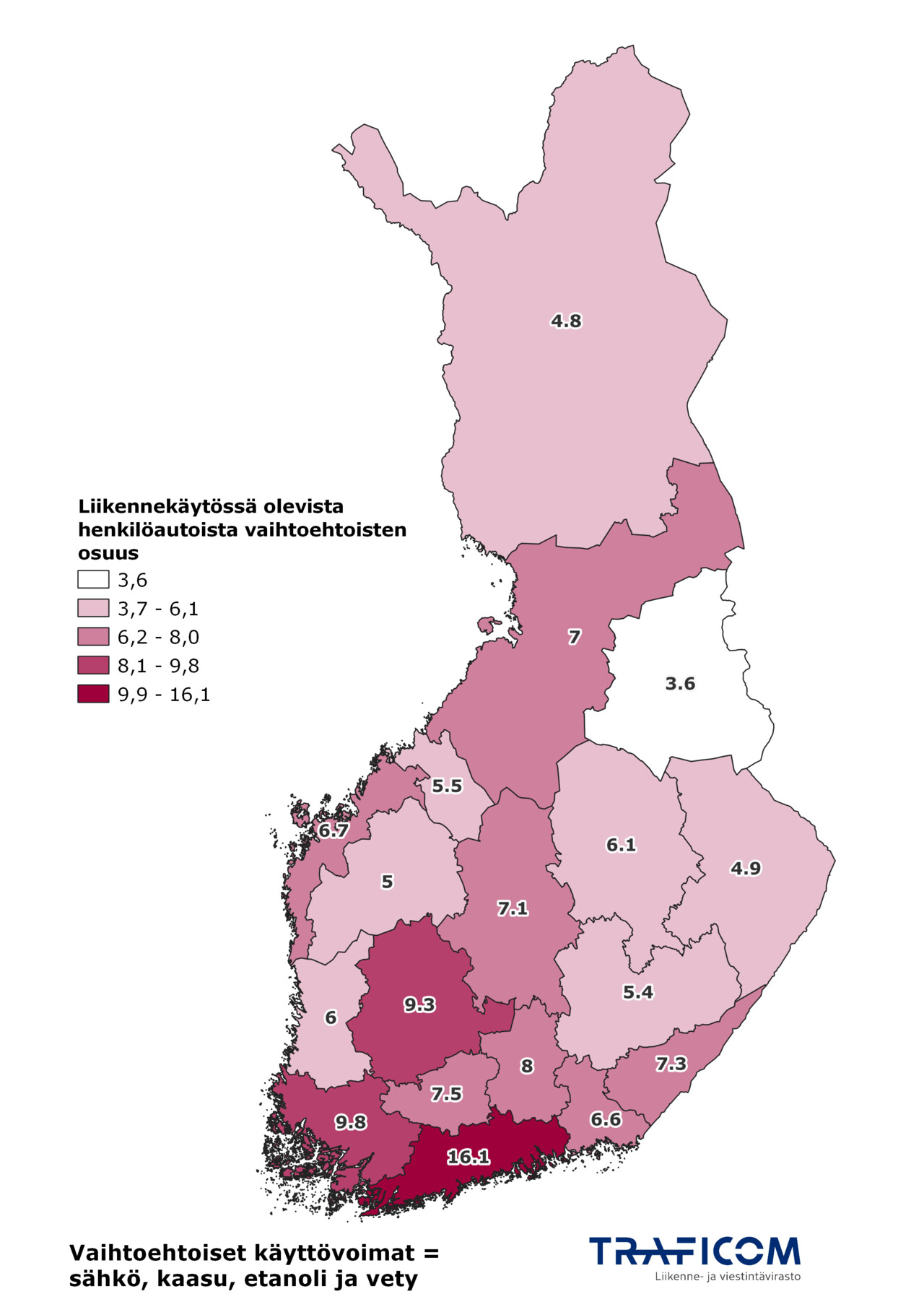 Vaihtoehtoisten käyttövoimien osuus henkilöautoista maakunnittain kesäkuun lopussa 2024