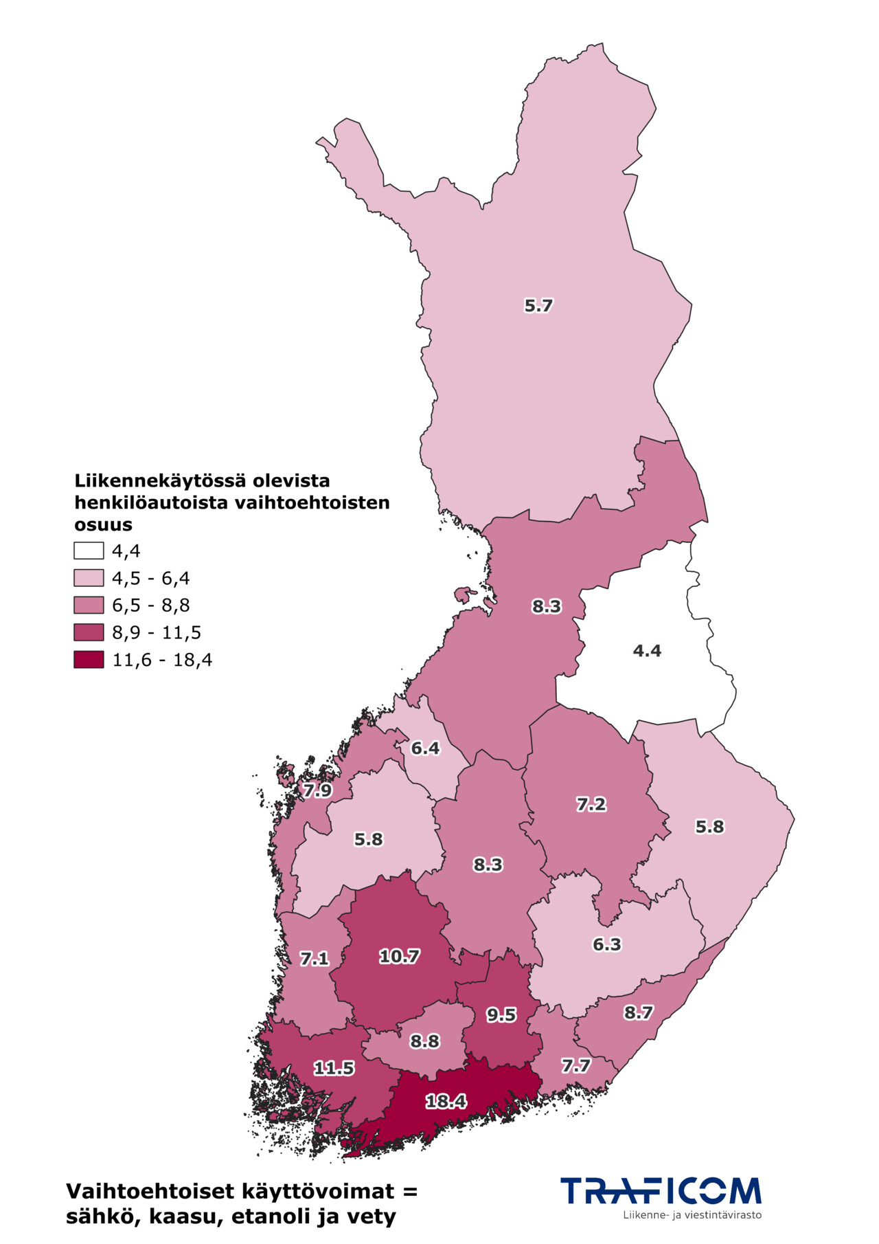 Vaihtoehtoisten käyttövoimien henkilöautot, osuudet maakunnittain