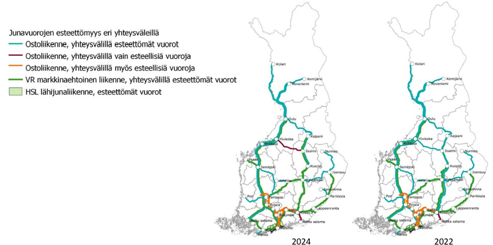 Junaliikenteen yhteysväleistä pääosalla on tarjolla liikkumisesteisten näkökulmasta soveltuvia esteettömiä vuoroja. Kouvola-Kotkan satama -välillä on vain esteellistä kalustoa ja Lahti-Riihimäki ja Lahti-Kouvola -yhteysvälien väliasemia palvelevassa liikenteessä valtaosa vuoroista on esteellisiä.