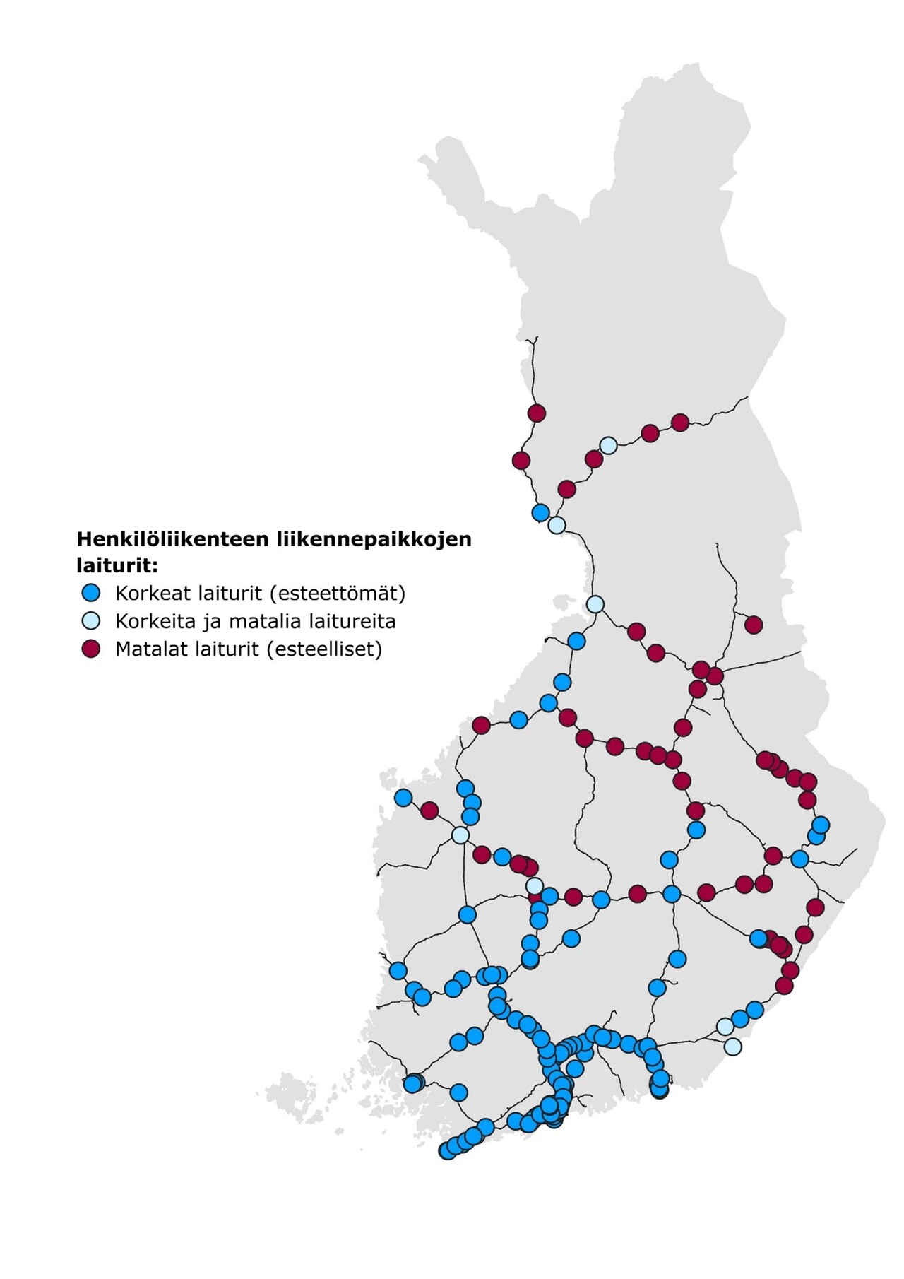 Henkilöliikenteen liikennepaikkojen laiturikorkeudet. Esteellisiä eli matalia laitureita vielä etenkin poikittaista liikennettä tukevilla radoilla ja Pohjois- ja Itä-Suomen rataverkolla.