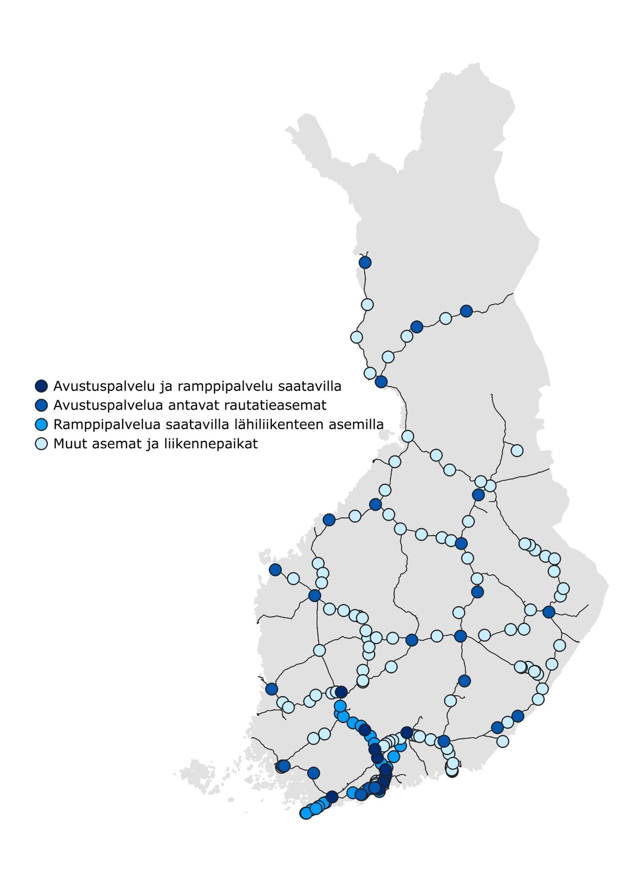 Junaliikenteessä VR avustaa 37 asemalla, jotka sijoittuvat pääosin suuriin ja keskisuuriin kaupunkeihin ja eteläisimmän pääradan varteen.