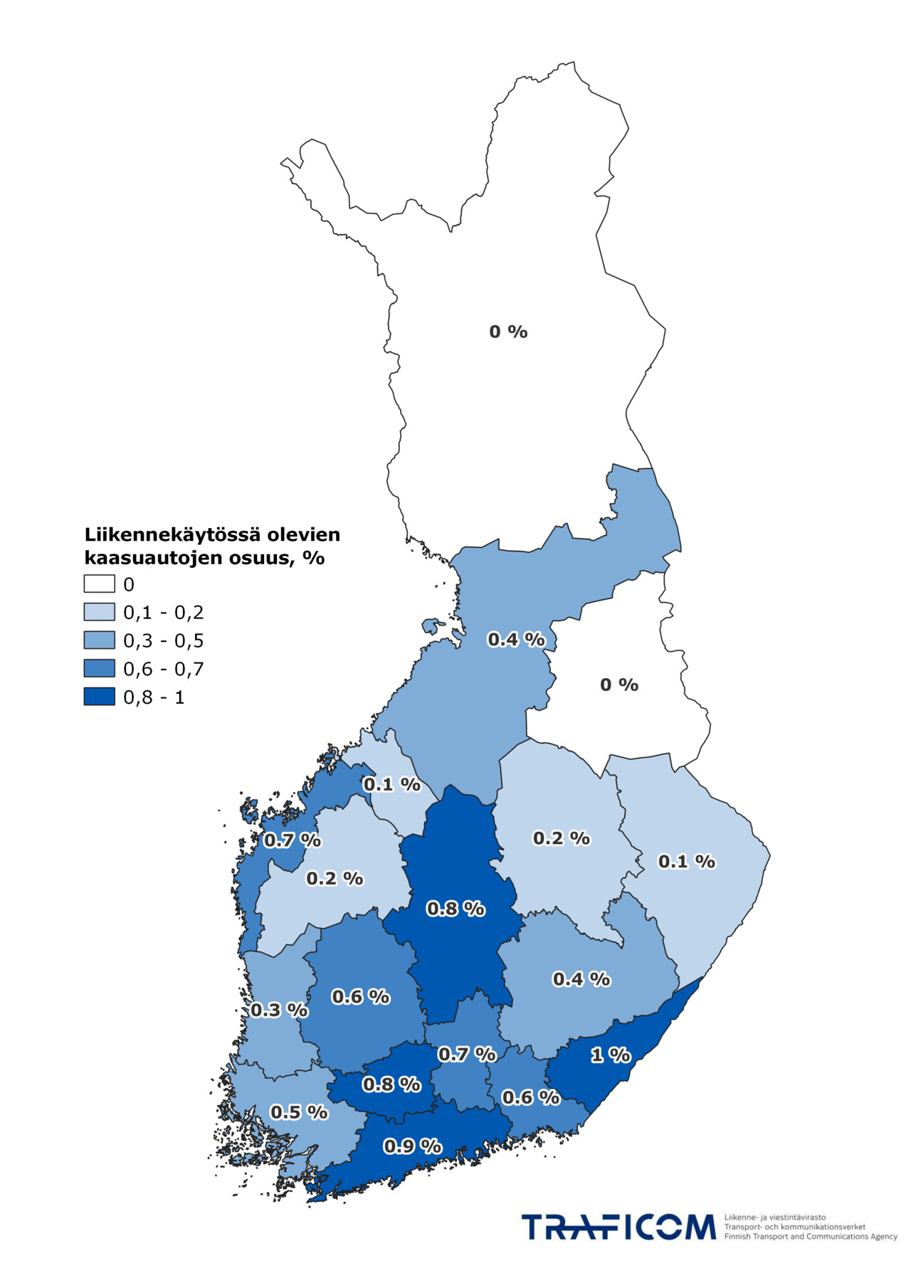 Suomen kartalla liikennekäytössä olevien kaasuhenkilöautojen osuus maakunnittain kesäkuun 2023 lopussa 