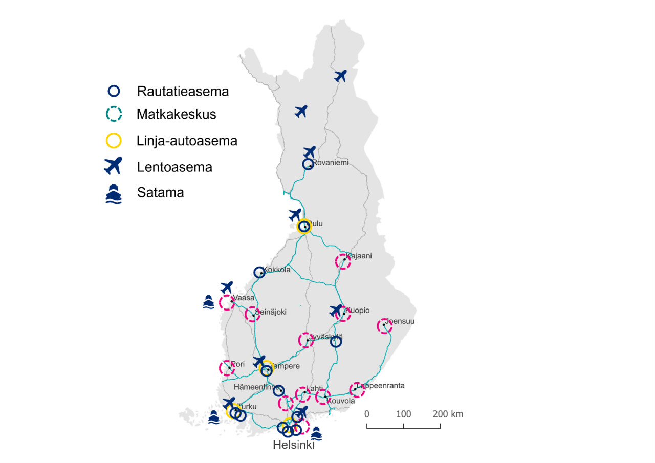 Kartoitetut solmupisteet karttakuvassa eri symbolein.