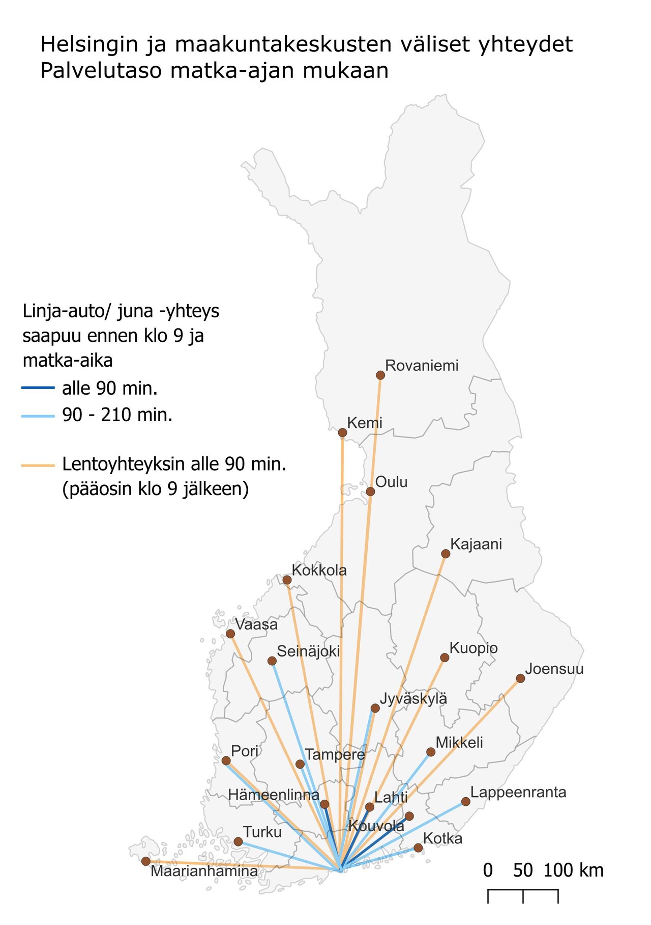 Suomen kartalla on esitetty maakuntakeskusten ja Helsingin välisten työssäkäynti- ja työasiamatkojen palvelutason tavoitetila